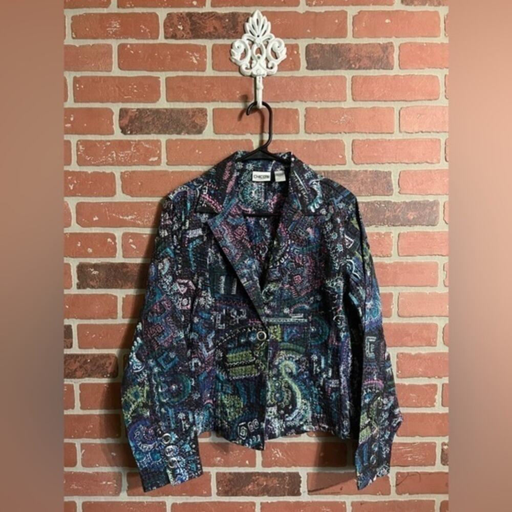 Chico’s Quilted Jacket Women’s Medium Paisley Patchwork Art to Wear Snap Front